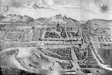 Vista del castillo y la ciudad de Joinville, de una pintura de 1639
